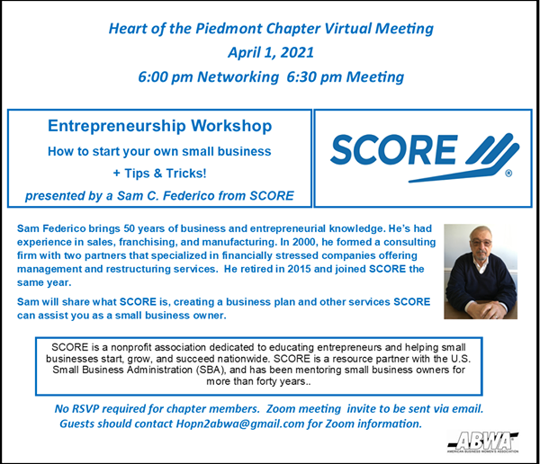 Meeting Info for Entrepreneurship Workshop on April 1, 2021